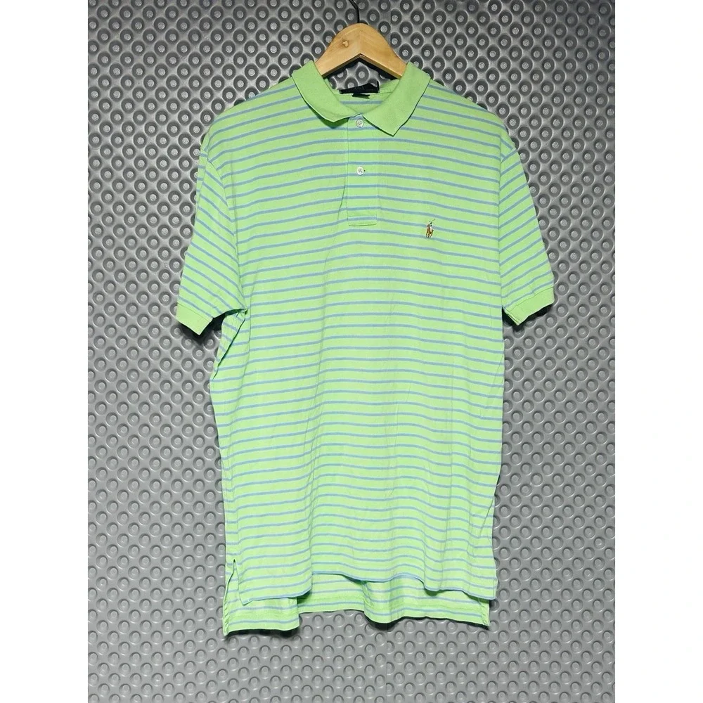 Polo Ralph Lauren Polo Shirt Men's L Green/Blue Striped Short Sleeve Flesh Pony